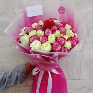 Royal Bloom 50 – Mother’s Day Imported Rose Bouquet (Purple, White & Red)
