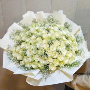 Snowfall Elegance 80 – White Rose Bouquet with Baby’s Breath