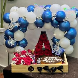 Gentleman Aura Luxe – Blue Balloon Arch Combo with Cake, Roses & LED Letter (For Him)
