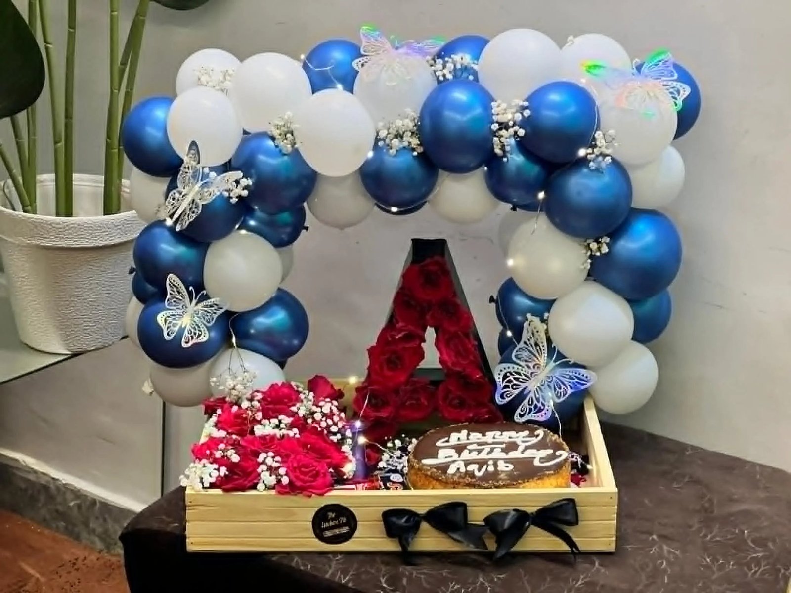 Gentleman Aura Luxe – Blue Balloon Arch Combo with Cake, Roses & LED Letter (For Him)