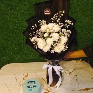 Blue Charm – Mini Chrysanthemum & 2 lbs Birthday Cake Combo for Him