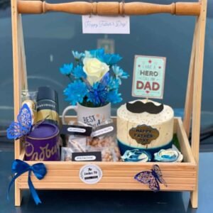 Father’s Day Luxury Wooden Basket – Custom Cake, Dry Fruits, Mug & Davidoff Coffee