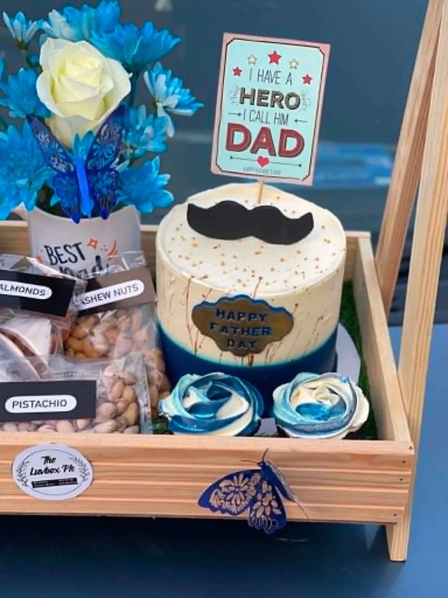 Father’s Day Luxury Wooden Basket – Custom Cake, Dry Fruits, Mug & Davidoff Coffee - Image 2