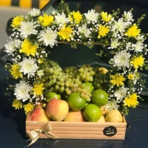 Blossom Fresh – Floral Arch Fruit Basket in Wooden Tray