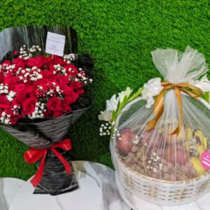 Healing Harmony Luxe – Get Well Soon Fruit Basket with Red Rose Bouquet