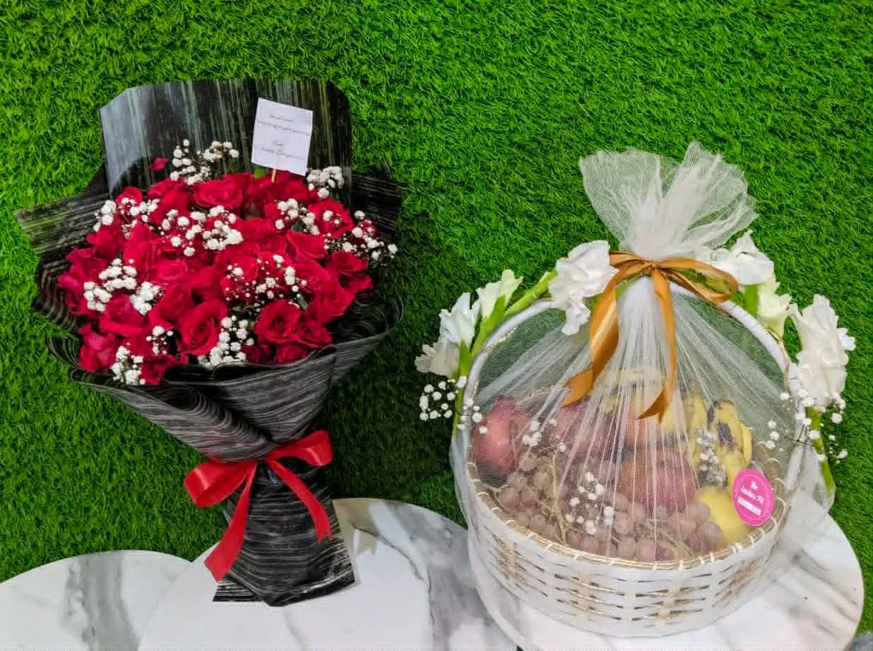 Healing Harmony Luxe – Get Well Soon Fruit Basket with Red Rose Bouquet