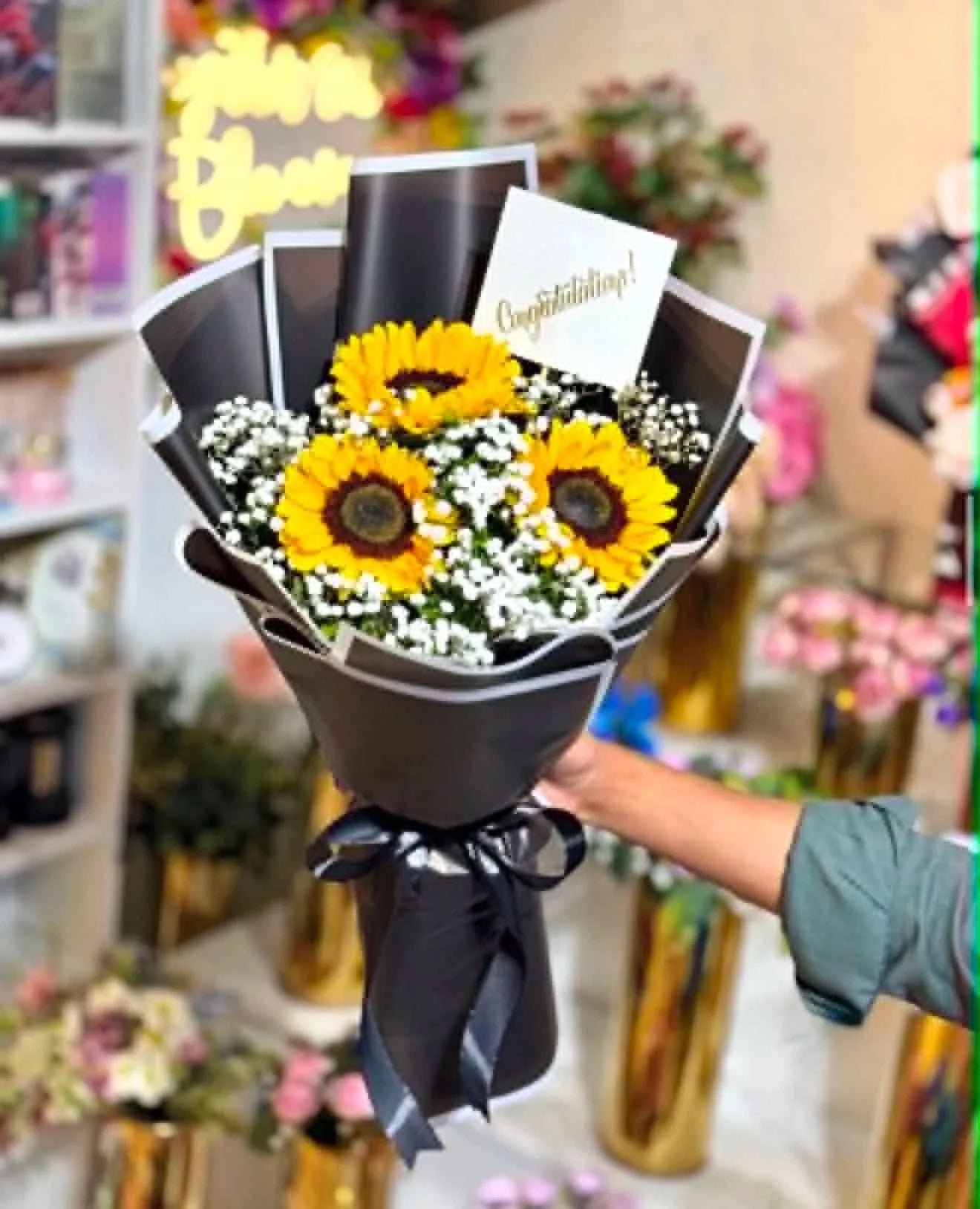Grad Glow – Mini Sunflower Graduation Bouquet in Black