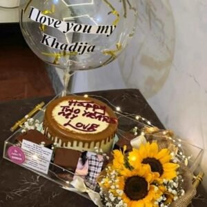 Eternal Love Acrylic Tray – “I Love You” Anniversary Set with Cake, Brownies & Sunflower Bouquet