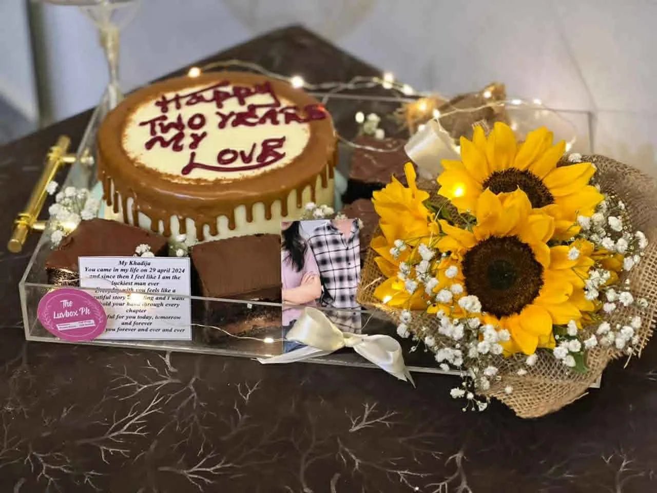 Eternal Love Acrylic Tray – “I Love You” Anniversary Set with Cake, Brownies & Sunflower Bouquet - Image 2