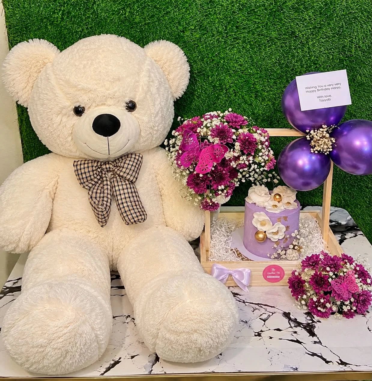 Midnight Lavender Dream – Teddy, Floral Tray & Custom Birthday Cake