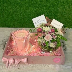 Blush Serenity Tray – Mother’s Day Acrylic Pink Setup with Floral Fish Bowl & Cake