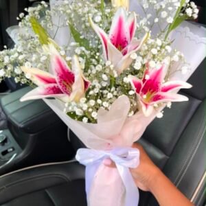 Pink Grace – Gorgeous 3 Lily Bouquet with Elegant Wrapping