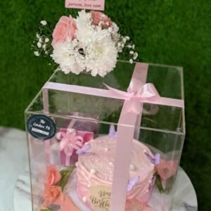 Pink Royale Acrylic Box – Birthday Cake, Flowers & Perfume Gift Set for Her