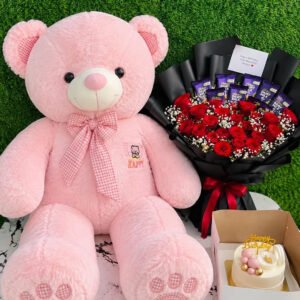 Pink Romance Luxe – Teddy, Custom Cake, Roses & Chocolate Bouquet