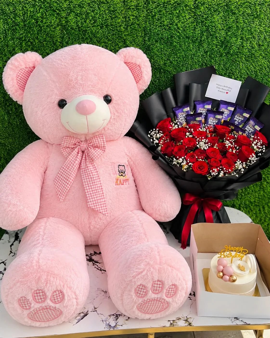 Pink Romance Luxe – Teddy, Custom Cake, Roses & Chocolate Bouquet