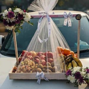 Royal Bloom Harvest – Premium Seasonal Fruit Basket with Floral Decor
