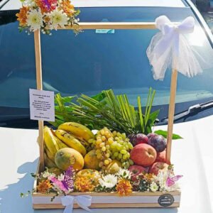 Floral Essence Luxe – Premium Seasonal Fruit Basket with Elegant Flower Decor