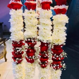 Regal Vows – White Chrysanthemum & Red Rose Groom Garland