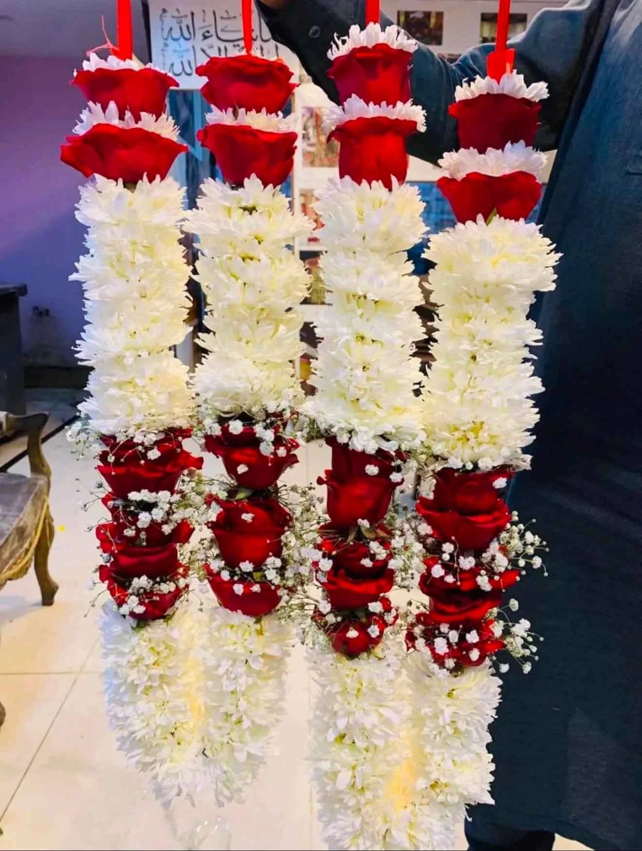 Regal Vows – White Chrysanthemum & Red Rose Groom Garland