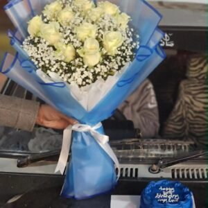 Gentleman’s Devotion 💙 Premium White Rose Bouquet & Cake Tray