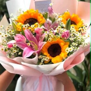 Wife’s Bloom – Pink Lily, Sunflower & Baby’s Breath Birthday Bouquet